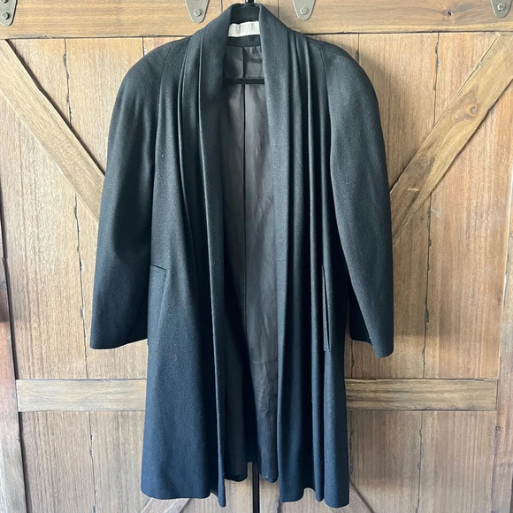 I.Magnin Black Vintage 100% Pure Wool Long Midi Duster Coat 1980s Size Large - Picture 1 of 6
